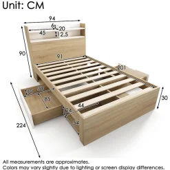 Okwish Lit Simple 90x200 cm - avec 2 Tiroirs et Étagères, Tête de Lit avec Rangement, Bois - Sans Matelas - Blanc et Chêne Clair