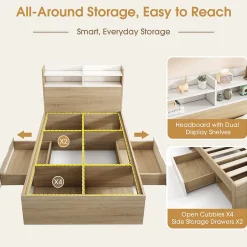 Okwish Lit Simple 90x200 cm - avec 2 Tiroirs et Étagères, Tête de Lit avec Rangement, Bois - Sans Matelas - Blanc et Chêne Clair