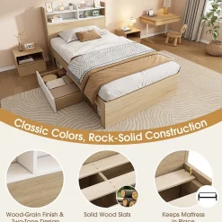 Okwish Lit Simple 90x200 cm - avec 2 Tiroirs et Étagères, Tête de Lit avec Rangement, Bois - Sans Matelas - Blanc et Chêne Clair