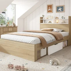Okwish Lit Simple 90x200 cm - avec 2 Tiroirs et Étagères, Tête de Lit avec Rangement, Bois - Sans Matelas - Blanc et Chêne Clair
