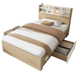 Okwish Lit Simple 90x200 cm - avec 2 Tiroirs et Étagères, Tête de Lit avec Rangement, Bois - Sans Matelas - Blanc et Chêne Clair