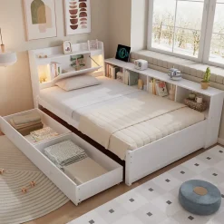 Okwish Lit Simple 90x200 cm - avec Rangement, Tiroirs sous le Lit, Chargeur et Lumière Intégrée, en MDF Blanc, Sans Matelas Sale