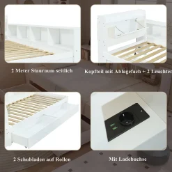 Okwish Lit Simple 90x200 cm - avec Rangement, Tiroirs sous le Lit, Chargeur et Lumière Intégrée, en MDF Blanc, Sans Matelas Sale