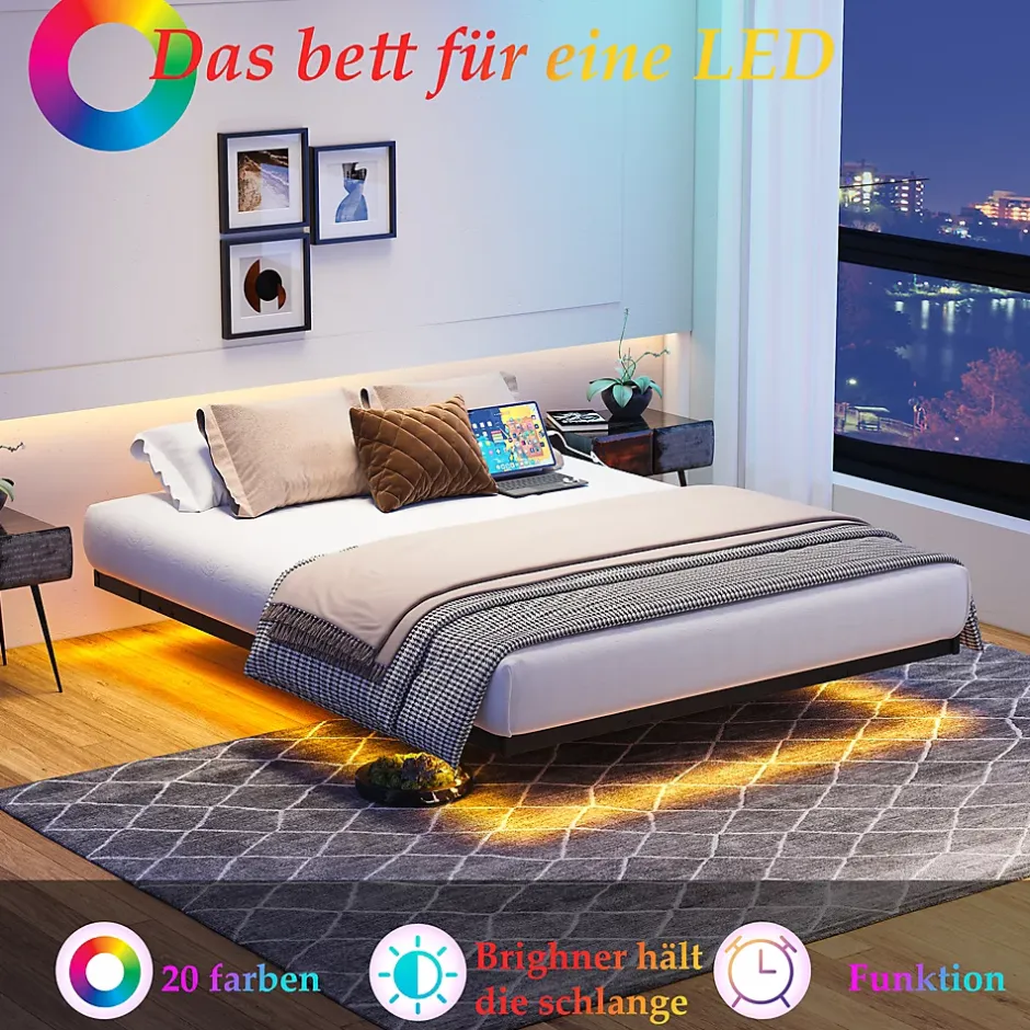 Okwish Lit Simple 120x200 cm - Lit Ado Metal avec Éclairage LED et Ports USB, Contrôle Télécommande App, Noir, sans Matelas Sale