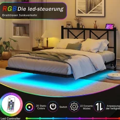 Okwish Lit Simple 120x200 cm - Lit Ado Moderne, avec Éclairage LED et Prises USB, Rangements - Noir, sans Matelas