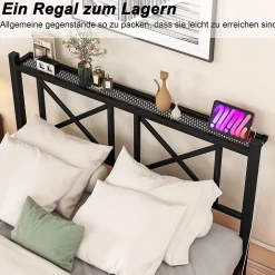 Okwish Lit Simple 120x200 cm - Lit Ado Moderne, avec Éclairage LED et Prises USB, Rangements - Noir, sans Matelas