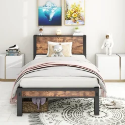 Okwish Lit Simple 90x200 cm - Lit Ado Métal avec Tête de Lit Rangement, MDF, Marron - Silencieux et Robuste - Sans Matelas