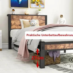 Okwish Lit Simple 90x200 cm - Lit Ado Métal avec Tête de Lit Rangement, MDF, Marron - Silencieux et Robuste - Sans Matelas