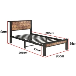 Okwish Lit Simple 90x200 cm - Lit Ado Métal avec Tête de Lit Rangement, MDF, Marron - Silencieux et Robuste - Sans Matelas