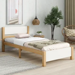 Okwish Lit Simple 90x200 cm - Lit Ado ou Adulte Sans Matelas - Bois de Pin Massif - Blanc et Naturel