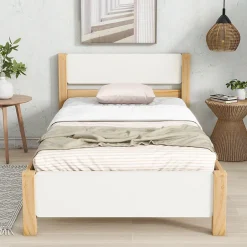 Okwish Lit Simple 90x200 cm - Lit Ado ou Adulte Sans Matelas - Bois de Pin Massif - Blanc et Naturel