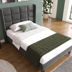 Okwish Lit simple 90x200 cm - Lit adulte capitonné avec sommier à lattes - Lin - Sans Matelas - Gris