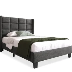 Okwish Lit simple 90x200 cm - Lit adulte capitonné avec sommier à lattes - Lin - Sans Matelas - Gris