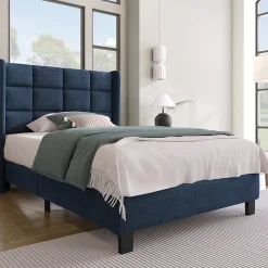 Okwish Lit simple 90x200 cm - Lit adulte capitonné avec sommier à lattes - Lin - Sans Matelas - Bleu