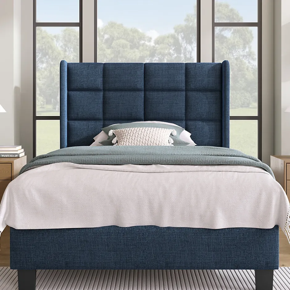 Okwish Lit simple 90x200 cm - Lit adulte capitonné avec sommier à lattes - Lin - Sans Matelas - Bleu