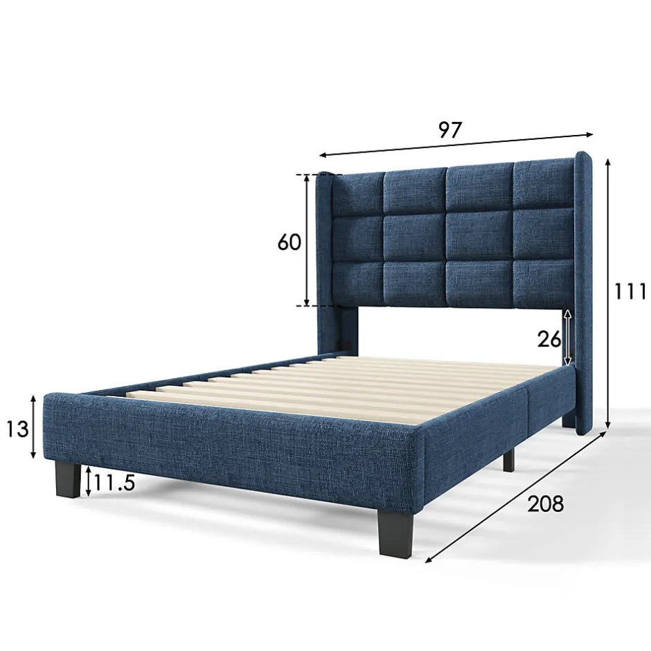 Okwish Lit simple 90x200 cm - Lit adulte capitonné avec sommier à lattes - Lin - Sans Matelas - Bleu