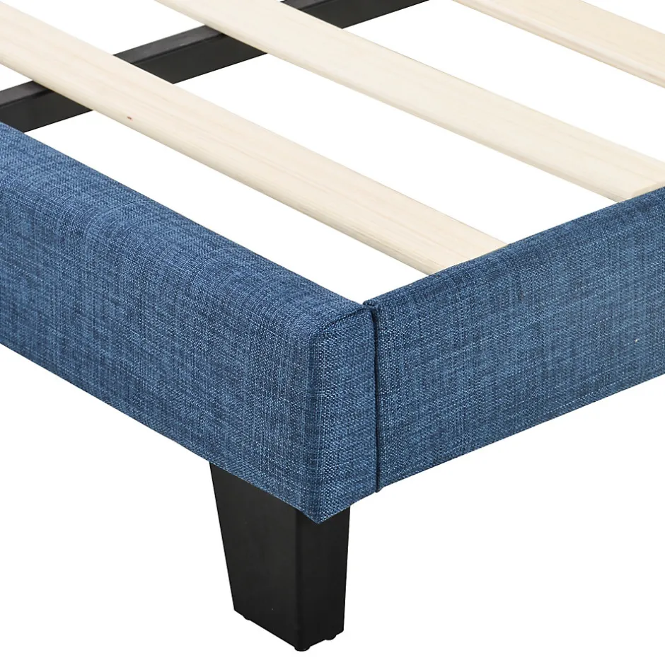 Okwish Lit simple 90x200 cm - Lit adulte capitonné avec sommier à lattes - Lin - Sans Matelas - Bleu