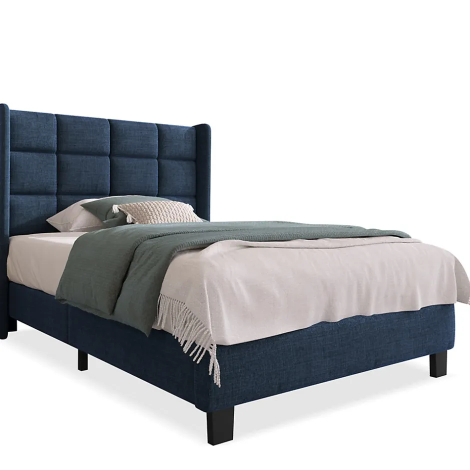 Okwish Lit simple 90x200 cm - Lit adulte capitonné avec sommier à lattes - Lin - Sans Matelas - Bleu