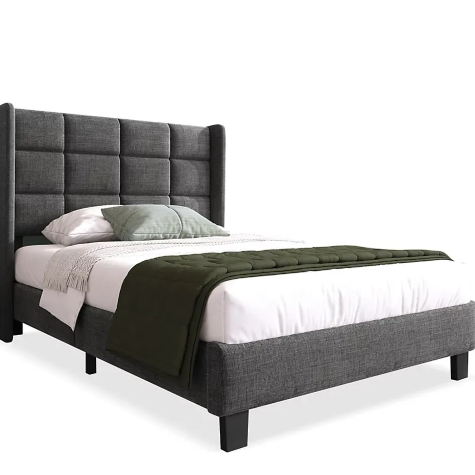Generique Lit simple 90x200 cm - Lit adulte capitonné avec sommier à lattes - Lin - Matelas Inclus - Gris Sale