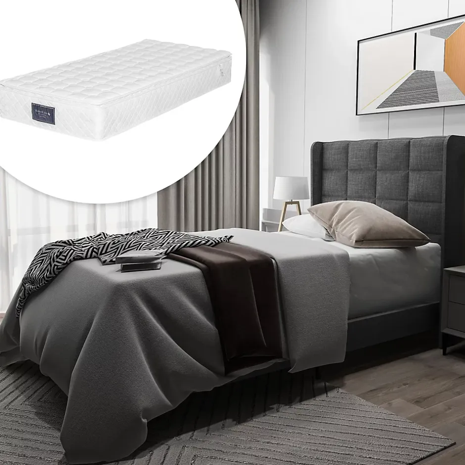 Generique Lit simple 90x200 cm - Lit adulte capitonné avec sommier à lattes - Lin - Matelas Inclus - Gris Sale