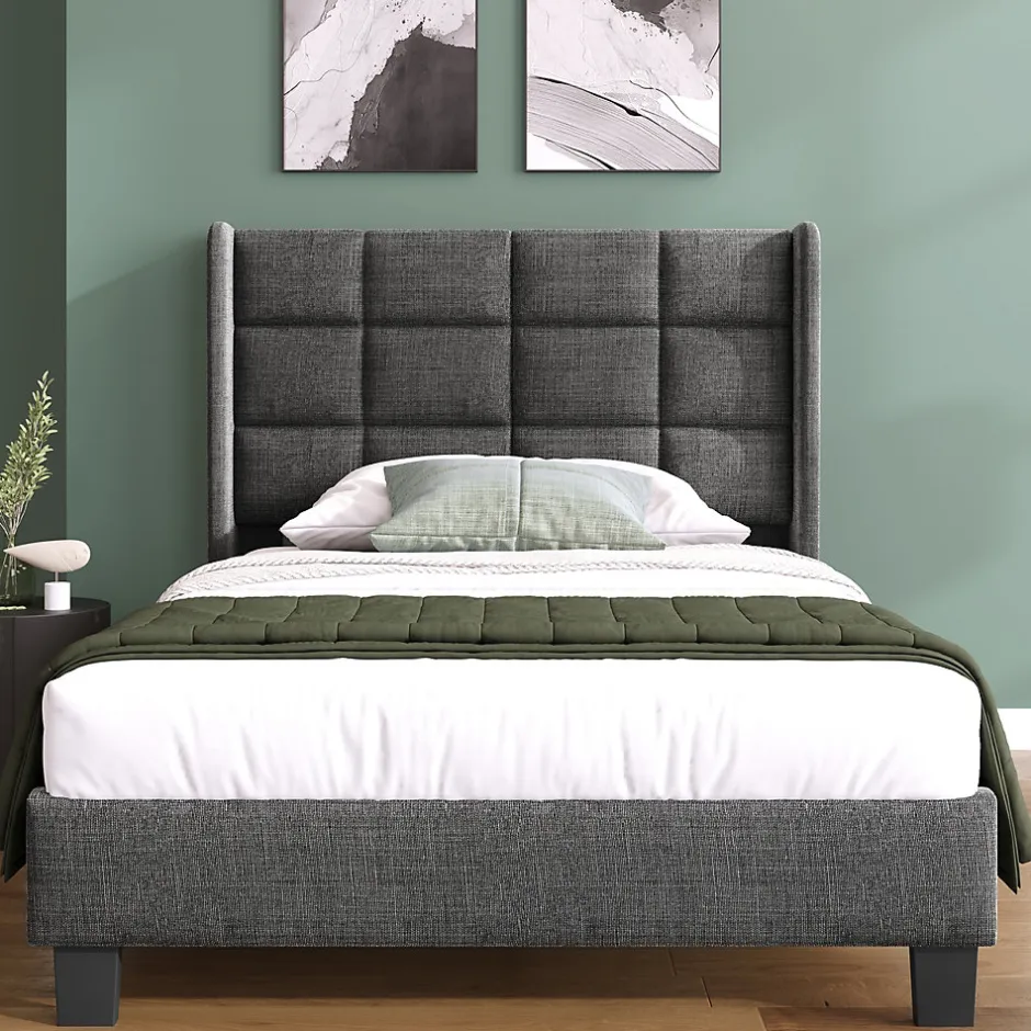 Generique Lit simple 90x200 cm - Lit adulte capitonné avec sommier à lattes - Lin - Matelas Inclus - Gris Sale