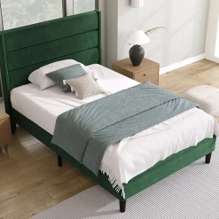 Okwish Lit simple 90x200 cm - Lit adulte capitonné avec tête de lit - Lin - Sans Matelas - Vert Foncé