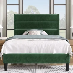 Okwish Lit simple 90x200 cm - Lit adulte capitonné avec tête de lit - Lin - Sans Matelas - Vert Foncé