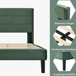 Okwish Lit simple 90x200 cm - Lit adulte capitonné avec tête de lit - Lin - Sans Matelas - Vert Foncé