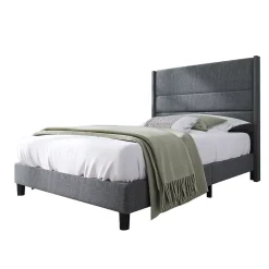 Okwish Lit simple 90x200 cm - Lit adulte capitonné avec tête de lit - Lin - Sans Matelas - Gris Foncé New