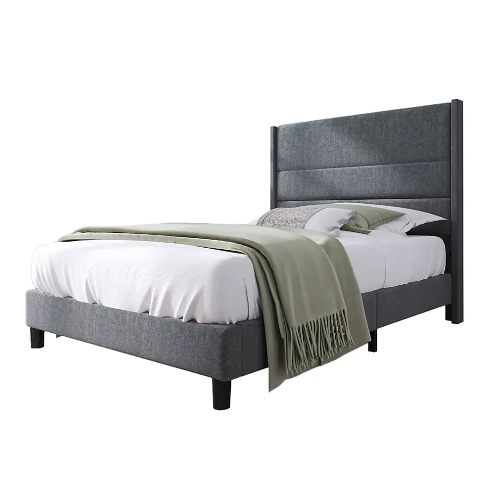 Okwish Lit simple 90x200 cm - Lit adulte capitonné avec tête de lit - Lin - Sans Matelas - Gris Foncé New