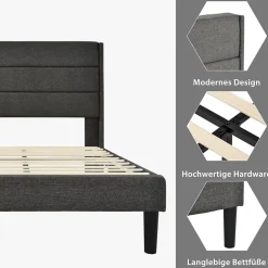 Okwish Lit simple 90x200 cm - Lit adulte capitonné avec tête de lit - Lin - Sans Matelas - Gris Foncé New