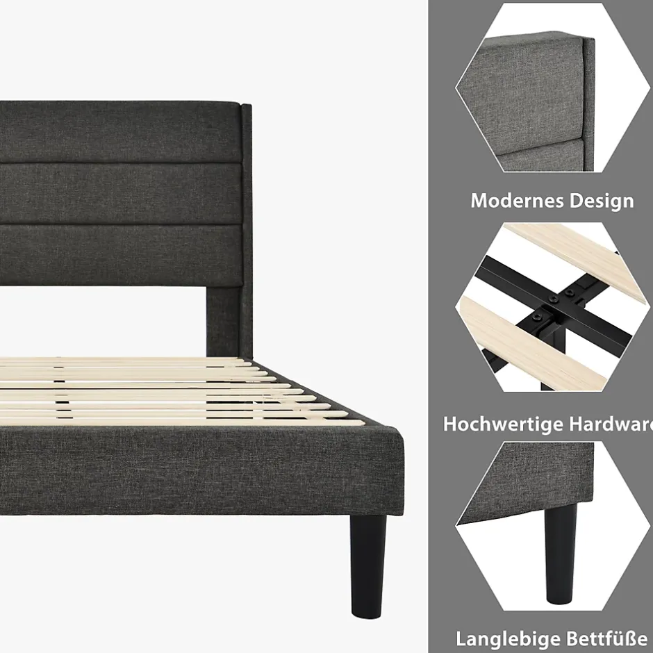 Okwish Lit simple 90x200 cm - Lit adulte capitonné avec tête de lit - Lin - Sans Matelas - Gris Foncé New