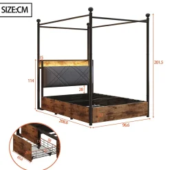 Okwish Lit simple 90x190 cm - Lit Baldaquin avec Tiroirs de Rangement et Ports USB/Type-C, Métal avec LED Intégré, Noir, Sans Matelas
