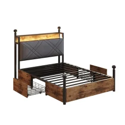 Okwish Lit simple 90x190 cm - Lit Baldaquin avec Tiroirs de Rangement et Ports USB/Type-C, Métal avec LED Intégré, Noir, Sans Matelas