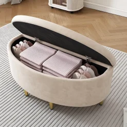 Okwish Lit Simple 90x200 cm - Lit Capitonné en Velours avec Tête de Lit Coquillage et Banquette de Rangement - Sans Matelas - Beige