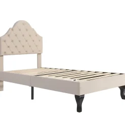 Okwish Lit Simple 90x200 cm - Lit Capitonné en Velours avec Tête de Lit Réglable et Sommier en Bois, Sans Matelas - Beige