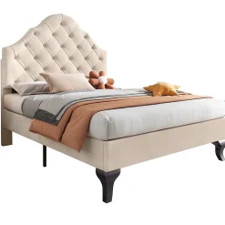 Okwish Lit Simple 90x200 cm - Lit Capitonné en Velours avec Tête de Lit Réglable et Sommier en Bois, Sans Matelas - Beige