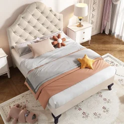 Okwish Lit Simple 90x200 cm - Lit Capitonné en Velours avec Tête de Lit Réglable et Sommier en Bois, Sans Matelas - Beige