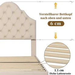 Okwish Lit Simple 90x200 cm - Lit Capitonné en Velours avec Tête de Lit Réglable et Sommier en Bois, Sans Matelas - Beige