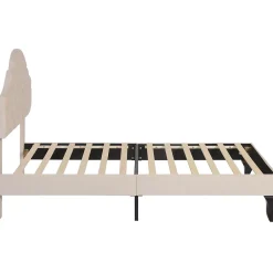 Okwish Lit Simple 90x200 cm - Lit Capitonné en Velours avec Tête de Lit Réglable et Sommier en Bois, Sans Matelas - Beige
