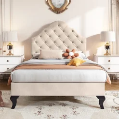 Okwish Lit Simple 90x200 cm - Lit Capitonné en Velours avec Tête de Lit Réglable et Sommier en Bois, Sans Matelas - Beige
