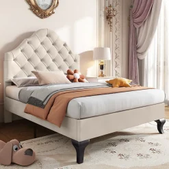 Okwish Lit Simple 90x200 cm - Lit Capitonné en Velours avec Tête de Lit Réglable et Sommier en Bois, Sans Matelas - Beige