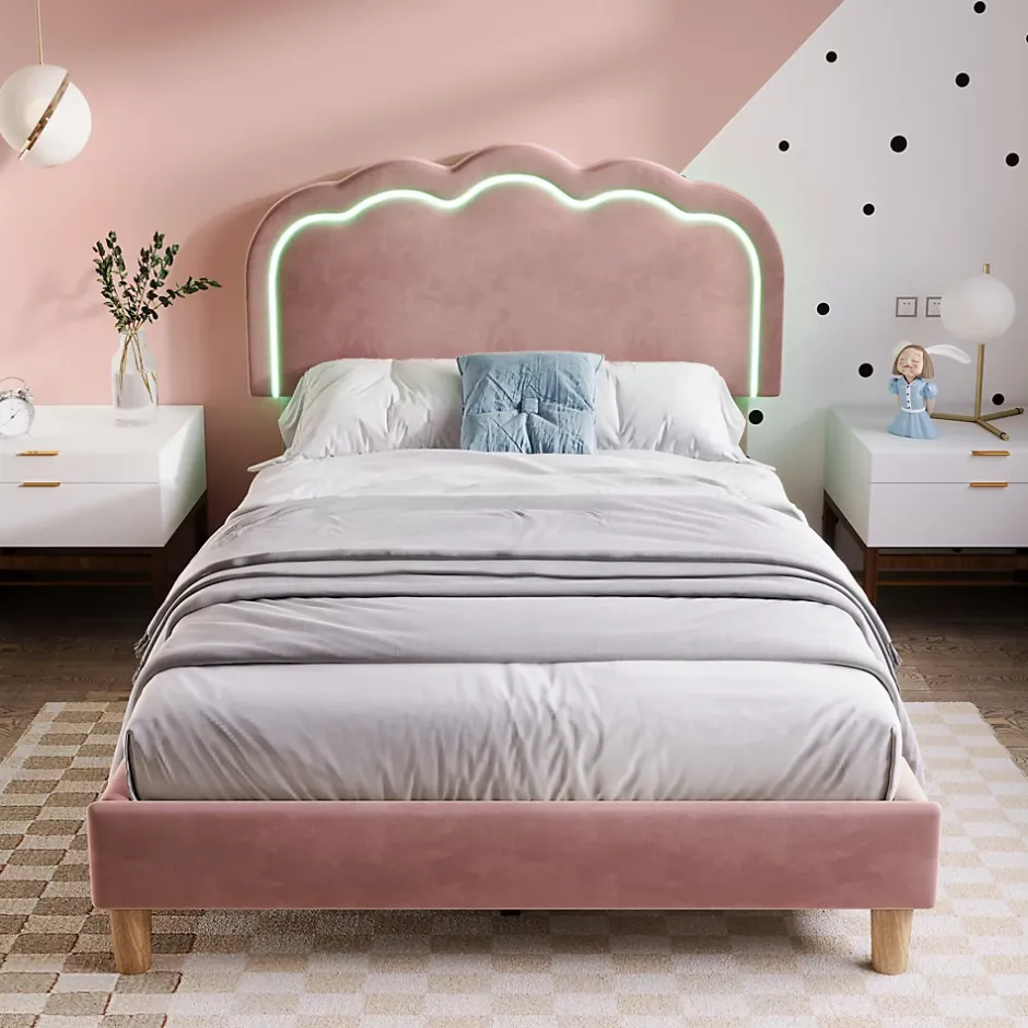 Okwish Lit simple 90x190 cm - Lit capitonné avec tête de lit LED réglable - Velours - Sans Matelas - Rose Sale