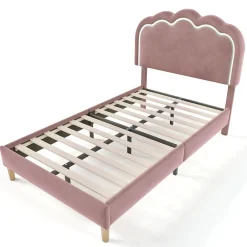 Okwish Lit simple 90x190 cm - Lit capitonné avec tête de lit LED réglable - Velours - Sans Matelas - Rose Sale