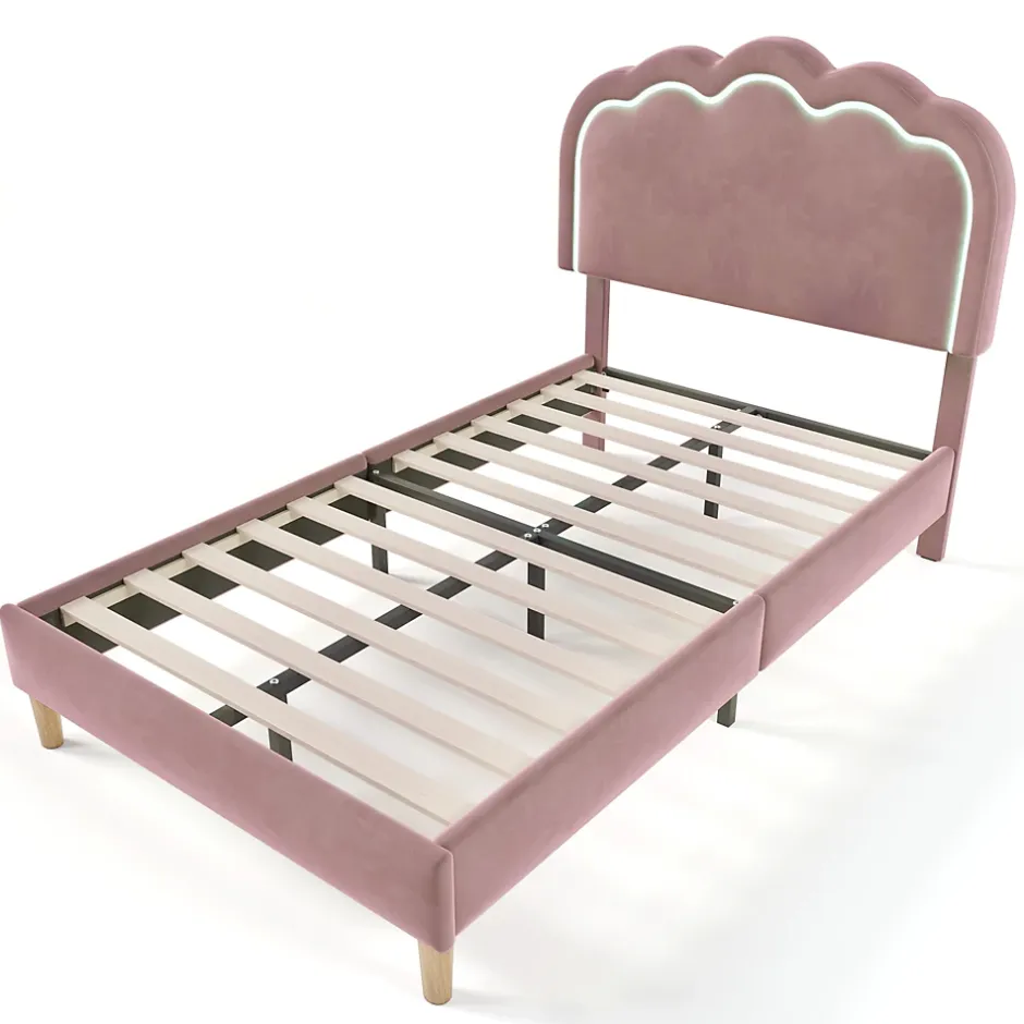 Okwish Lit simple 90x190 cm - Lit capitonné avec tête de lit LED réglable - Velours - Sans Matelas - Rose Sale