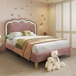Okwish Lit simple 90x190 cm - Lit capitonné avec tête de lit LED réglable - Velours - Sans Matelas - Rose Sale