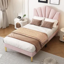 Okwish Lit Simple 90x200 cm - Lit Capitonné en Velours avec Tête de Lit Coquillage et Banquette de Rangement - Sans Matelas - Rose