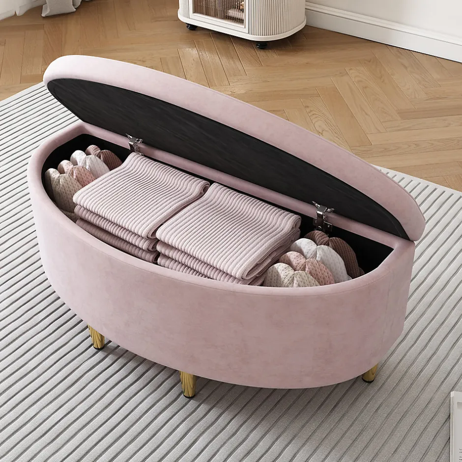 Okwish Lit Simple 90x200 cm - Lit Capitonné en Velours avec Tête de Lit Coquillage et Banquette de Rangement - Sans Matelas - Rose