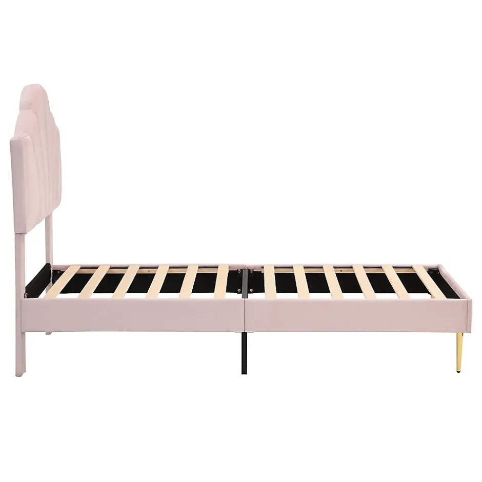Okwish Lit Simple 90x200 cm - Lit Capitonné en Velours avec Tête de Lit Coquillage et Banquette de Rangement - Sans Matelas - Rose