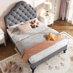 Okwish Lit Simple 90x200 cm - Lit Capitonné en Velours avec Tête de Lit Réglable, Sans Matelas - Gris Sale